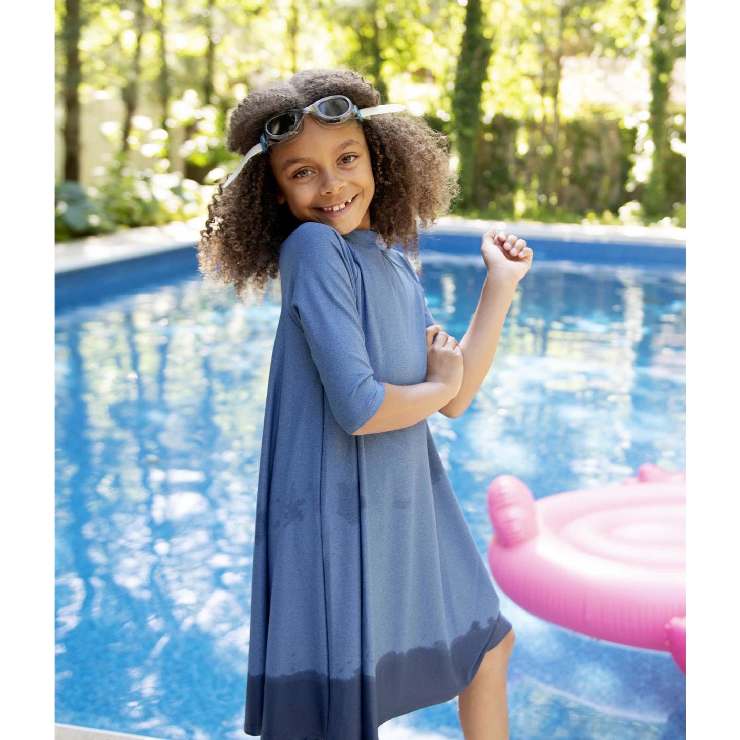 Girls Swing Dress - Chambray - Flamingo